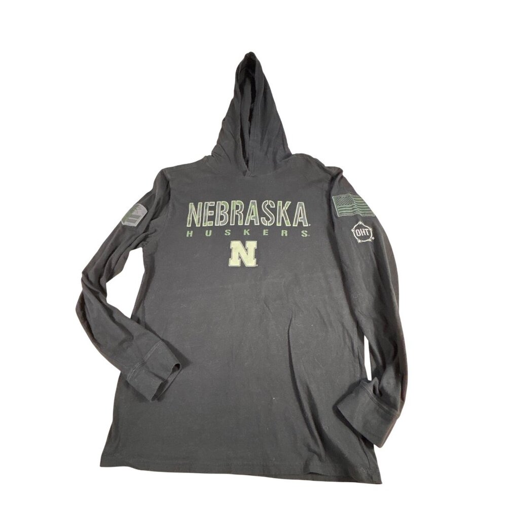 Nebraska Huskers OHT Black Long Sleeve Hooded Shirt Men's M Military Camo Green